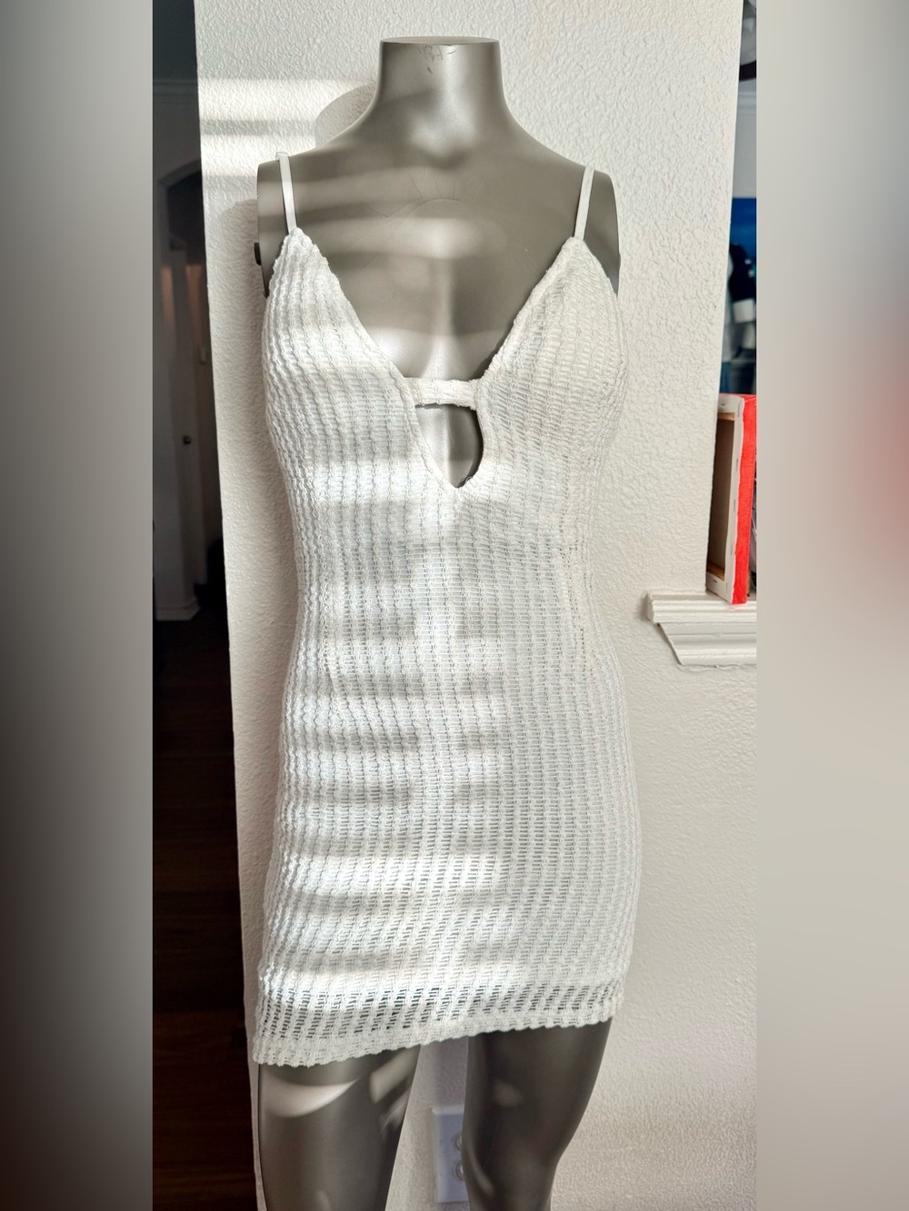 Dance & Marvel White Knit Spaghetti-Strap Mini Dress